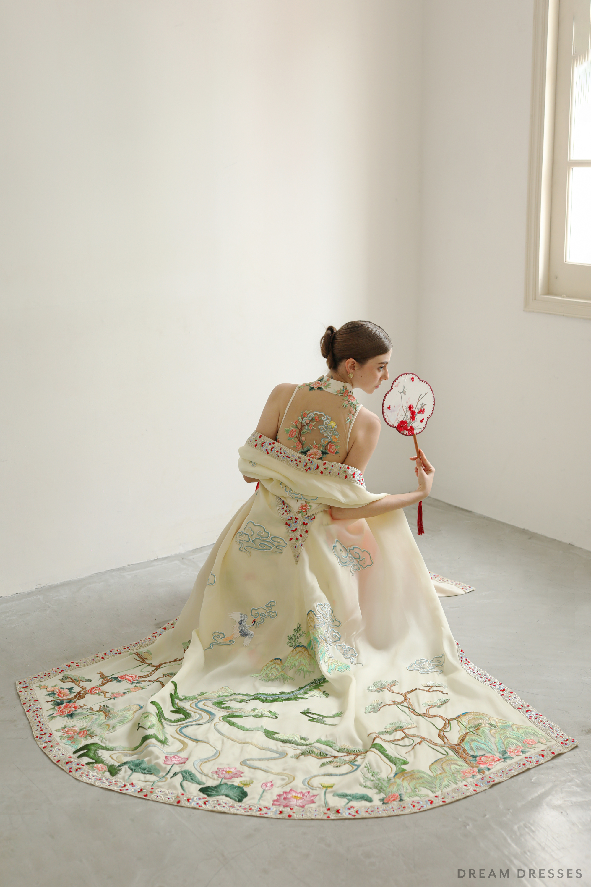 DreamDress By PMN Kenzell Cheongsam Inspired Ao Dai Wedding Dress Gown Cream Illusion Back Dress Red Pants | Size: 14 | With Custom Designed Cape DreamDress By PMN Kenzell Cheongsam Inspired Ao Dai Wedding Dress Gown Cream Illusion Back Dress Red Pants | Size: 14 | With Custom Designed Cape