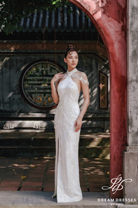 Light Ivory Modern Cheongsam Bridal Dress (#NIAN) - Dream Dresses by P.M.N.