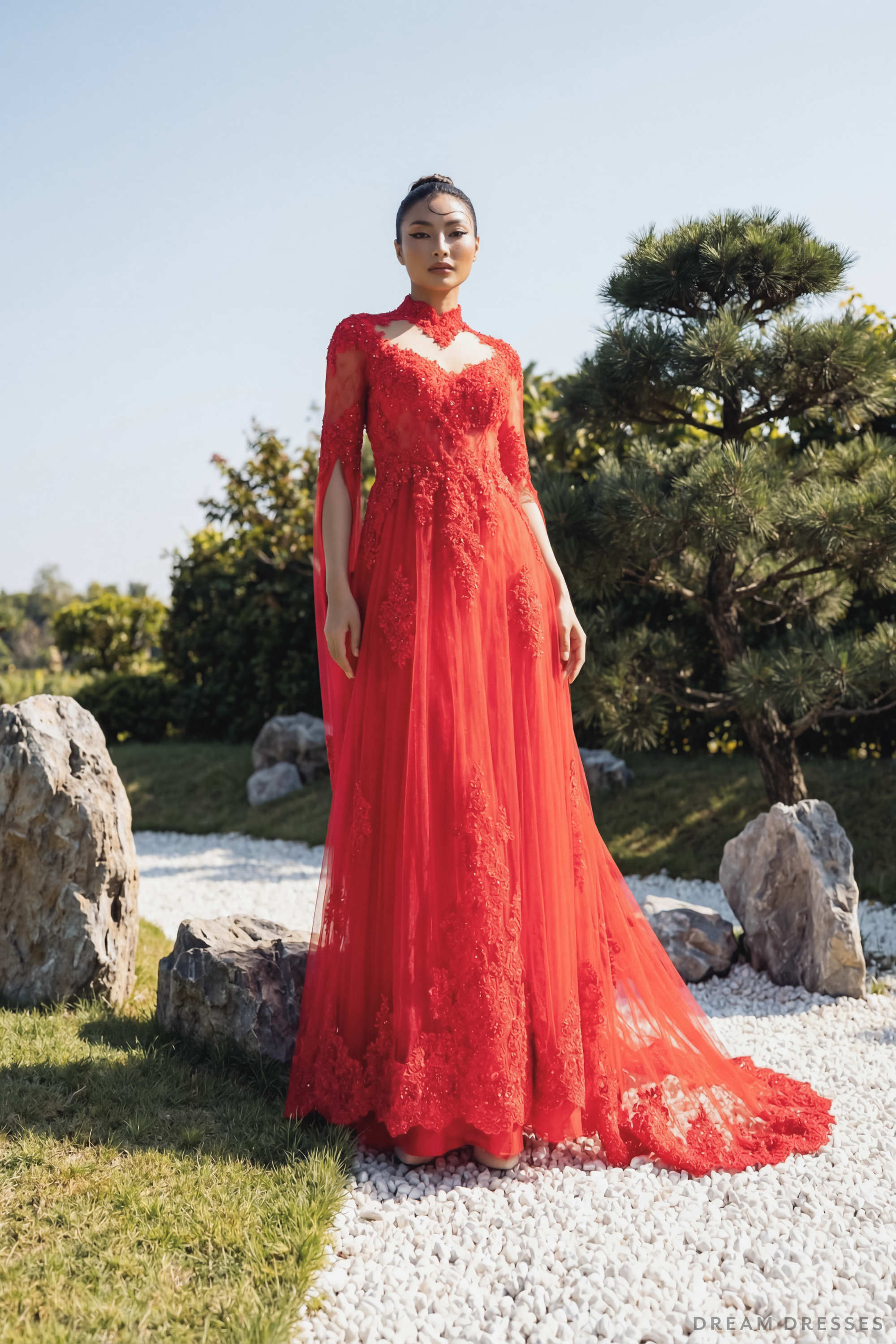Red Bridal Ao Dai | Lace Vietnamese Bridal Dress (#HANLYN) - Dream Dresses by P.M.N.