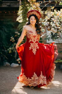 Red Bridal Ao Dai with Gold Lace | Vietnamese Bridal Dress (#NELLY) - Dream Dresses by P.M.N.