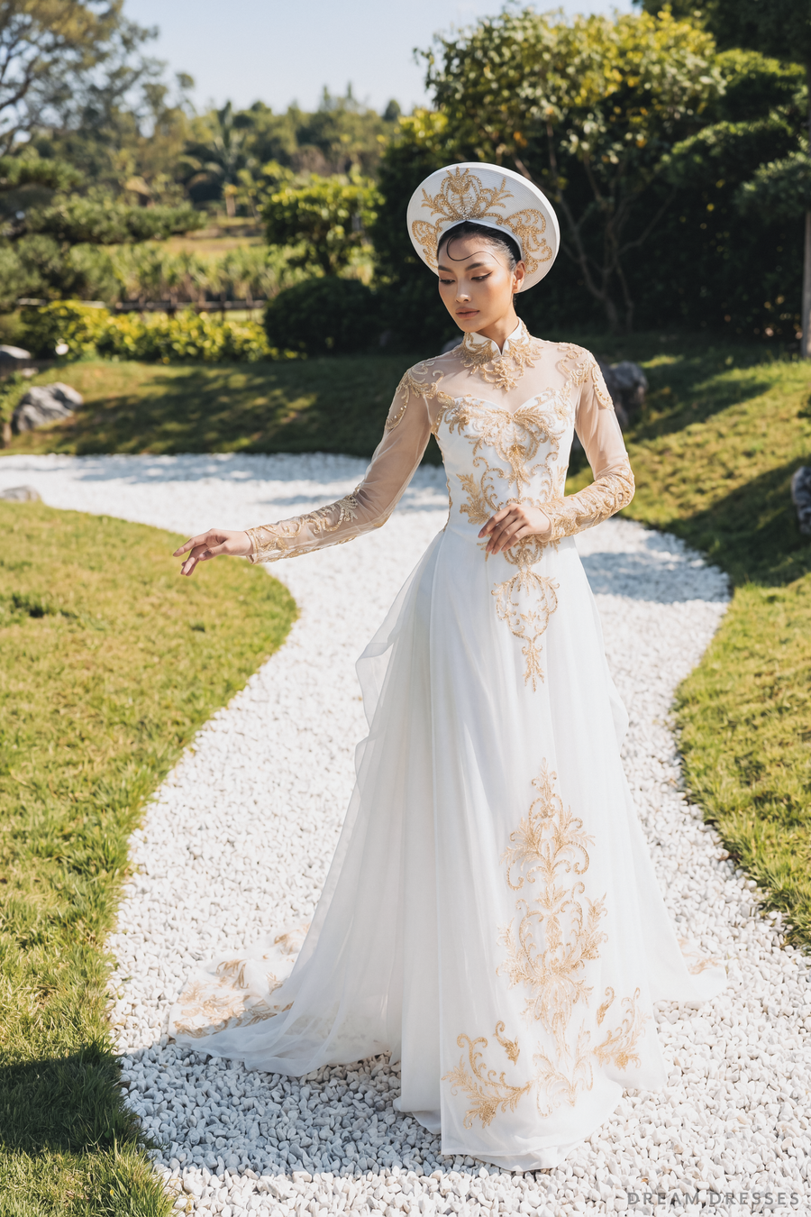 White Bridal Ao Dai | Vietnamese Traditional Bridal Dress with Gold Lace (#IMPERIAL) - Dream Dresses by P.M.N.