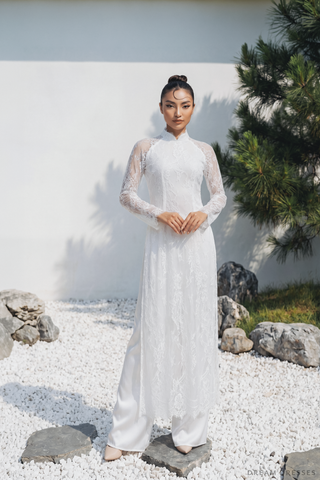 White Bridal Ao Dai | Vietnamese Traditional Bridal Dress with Couture Lace (#DYNASTY) - Dream Dresses by P.M.N.