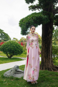 Pink Modern Bridal Ao Dai | Traditional Vietnamese Bridal Dress with Couture Lace (#THALIA) - Dream Dresses by P.M.N.