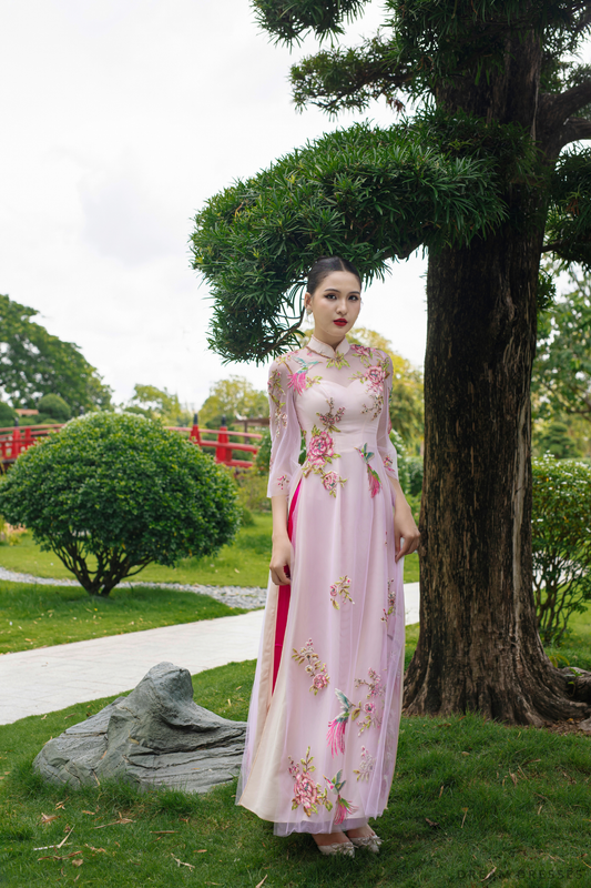 Pink Modern Bridal Ao Dai | Traditional Vietnamese Bridal Dress with Couture Lace (#THALIA) - Dream Dresses by P.M.N.