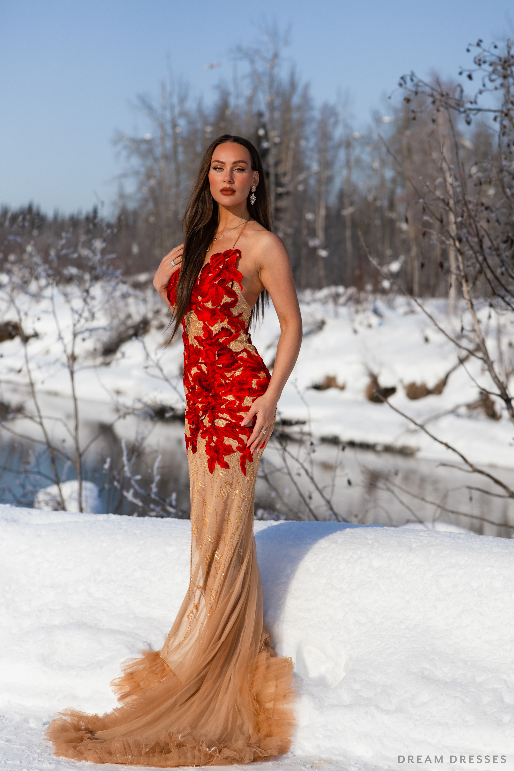 Red Evening Gown with Custom Embroidery (#LILIANE)