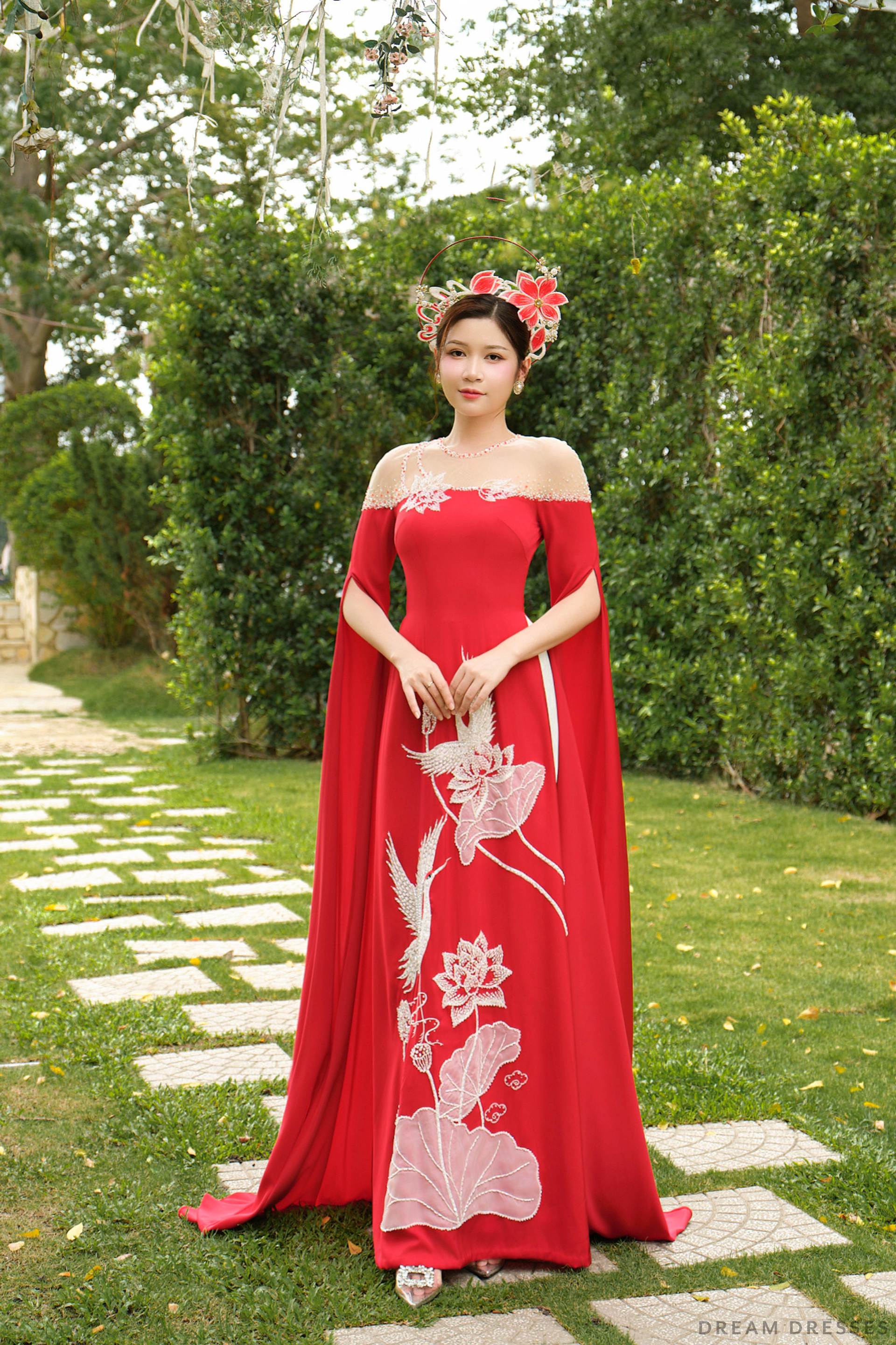 DreamDress By PMN Clarissa Ao Dai Inspired Red Wedding Dress Gown Illusion Off Shoulder Handmade Lotus Birds Embellishments White Pants