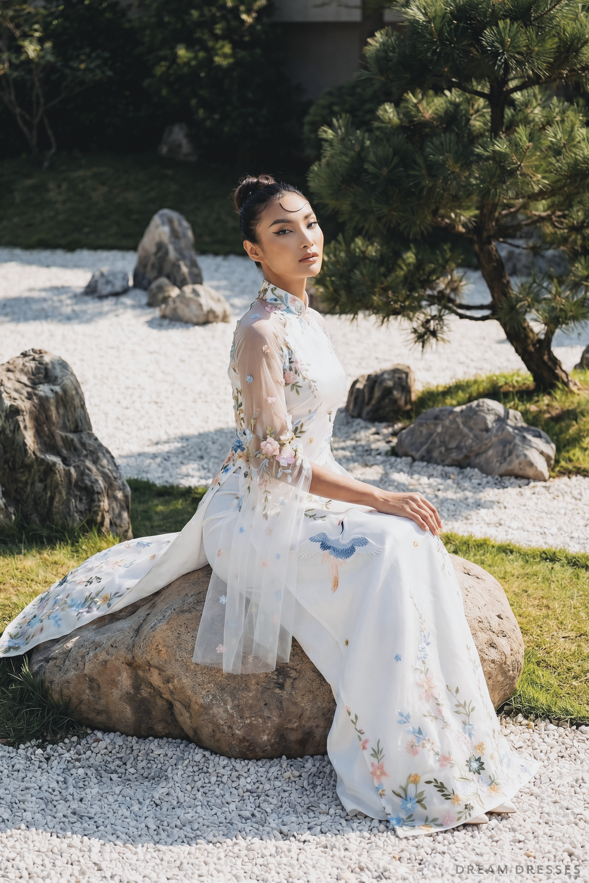 White Bridal Ao Dai with Colorful Embroidery (#XUAN) - Dream Dresses by P.M.N.