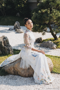 White Bridal Ao Dai with Colorful Embroidery (#XUAN) - Dream Dresses by P.M.N.