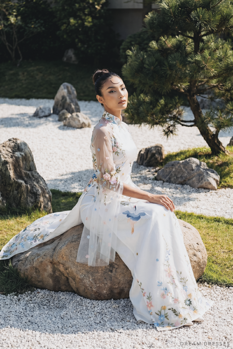 White Bridal Ao Dai with Colorful Embroidery (#XUAN) - Dream Dresses by P.M.N.