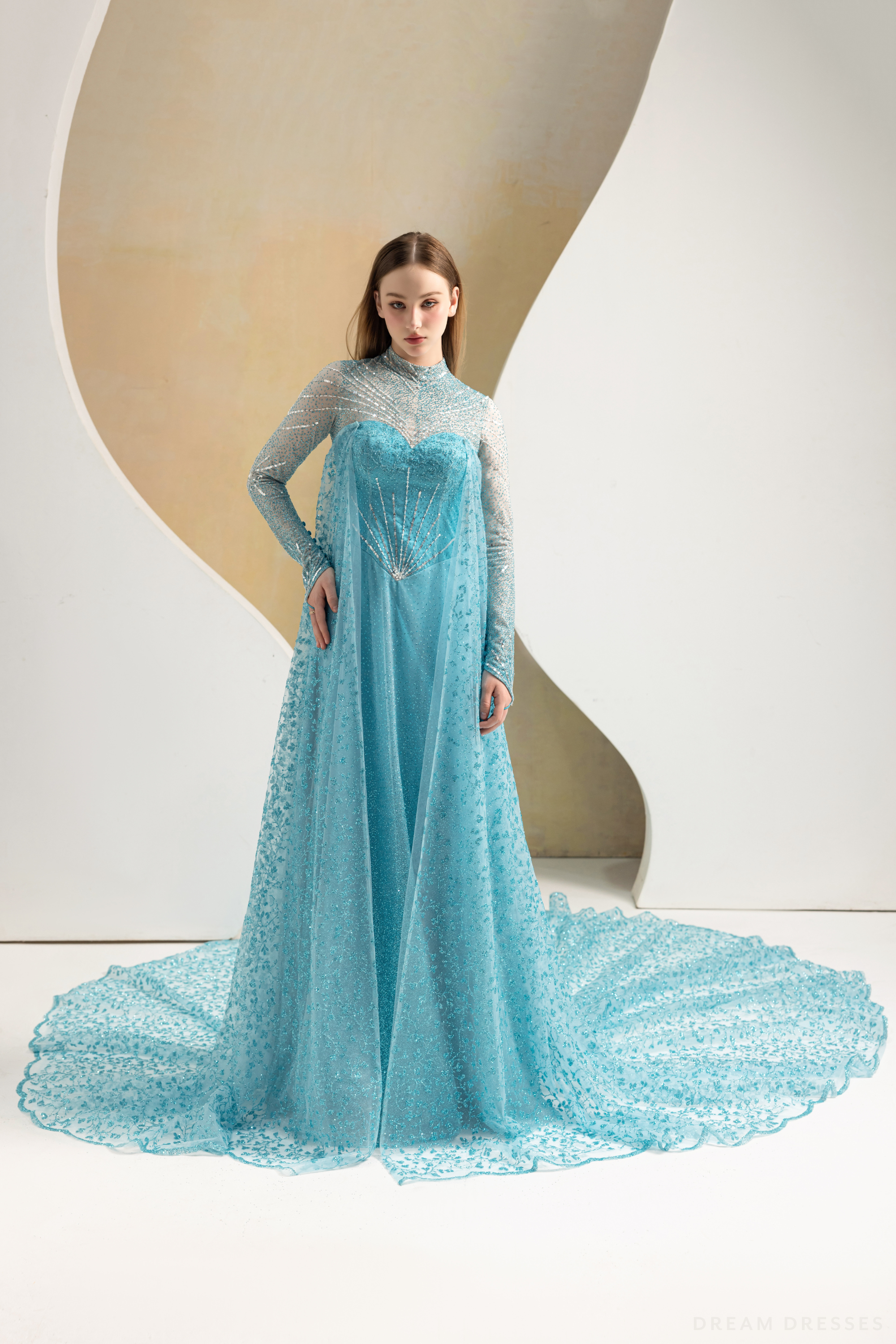 DreamDress By PMN Elsa Frozen Inspired Wedding Dress Gown High Neckline Sparkling Bodice Glitter Cathedral Cape | Size: 6 | No Cape DreamDress By PMN Elsa Frozen Inspired Wedding Dress Gown High Neckline Sparkling Bodice Glitter Cathedral Cape | Size: 6 | No Cape