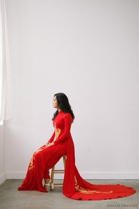Red Bridal Ao Dai | Vietnamese Traditional Bridal Dress with Phoenix Embroidery (#PING) - Dream Dresses by P.M.N.