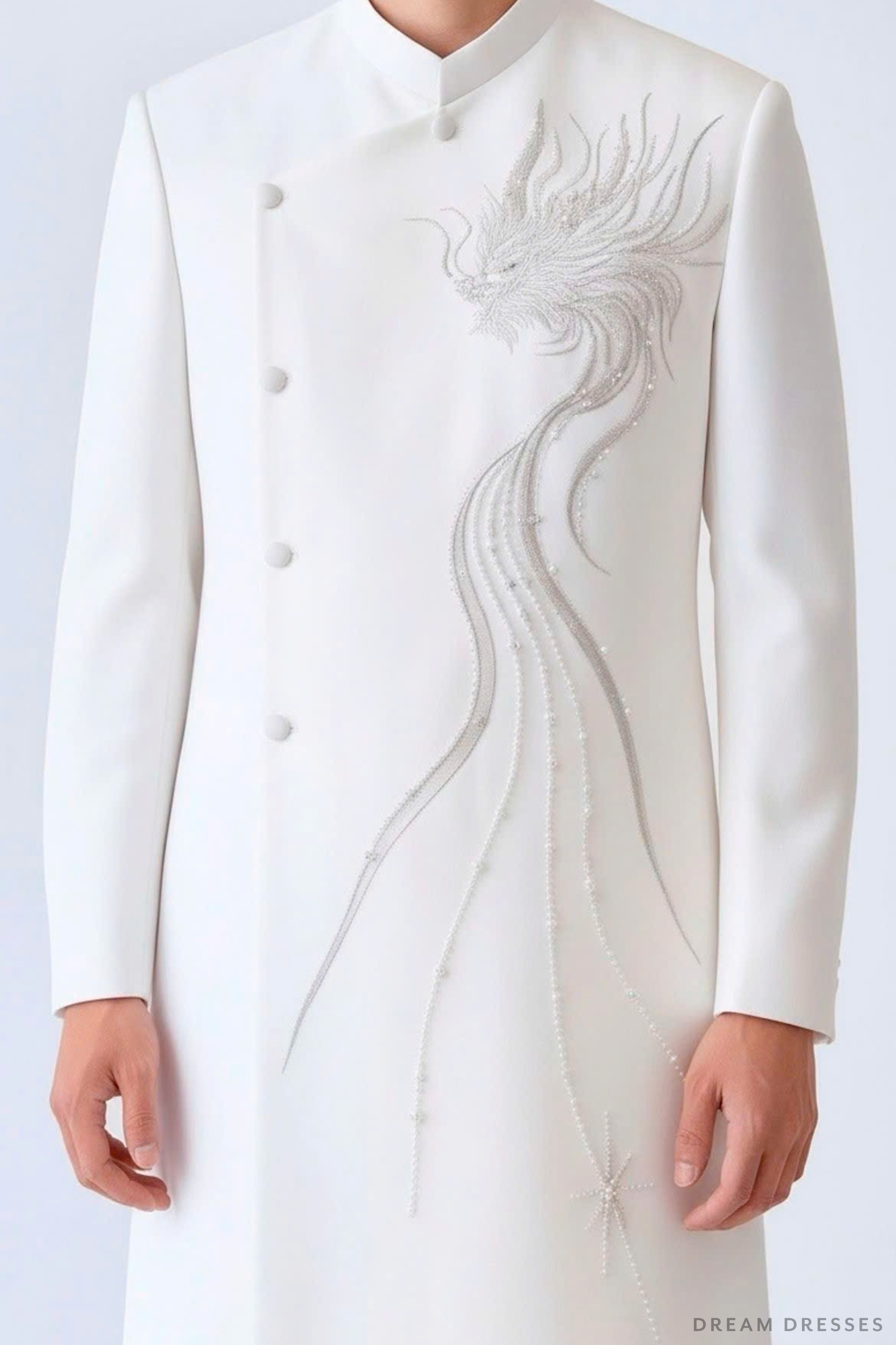 White Groom Ao Dai Jacket with Dragon Embroidery | Vietnamese Ao Dai (#DUNG)