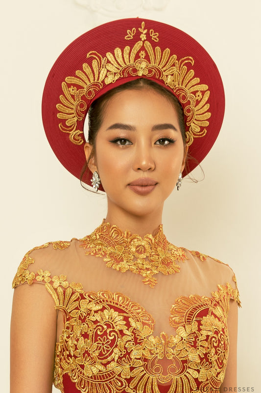 Red Ao Dai Hat | Vietnamese Bridal Hat (#LAMM) - Dream Dresses by P.M.N.