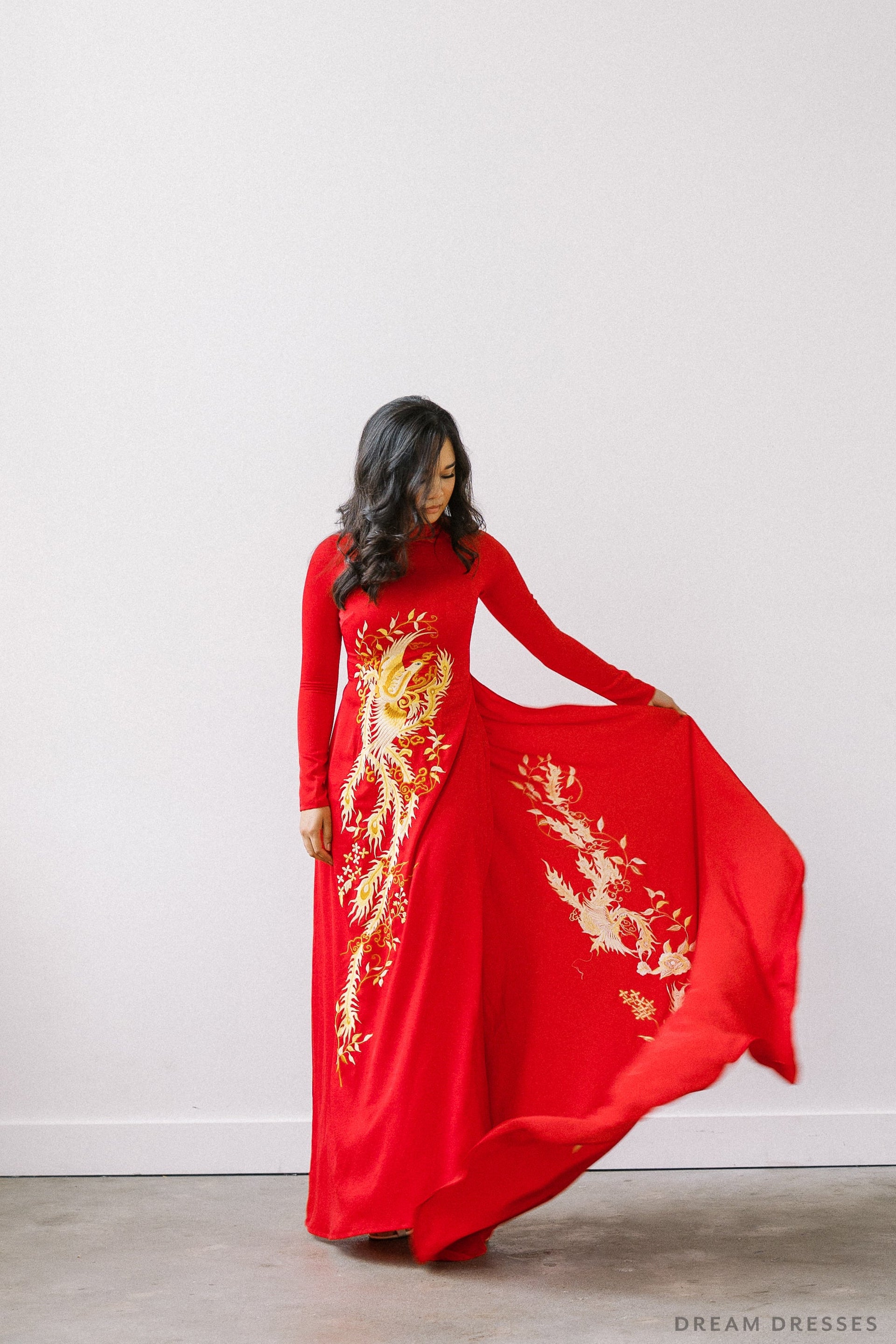 Red Bridal Ao Dai | Vietnamese Traditional Bridal Dress with Phoenix Embroidery (#PING) - Dream Dresses by P.M.N.