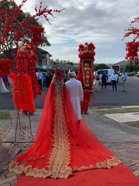 Red Ao Dai Cape | Vietnamese Lace Bridal Ao Dai Cape (#TEMA) - Dream Dresses by P.M.N.