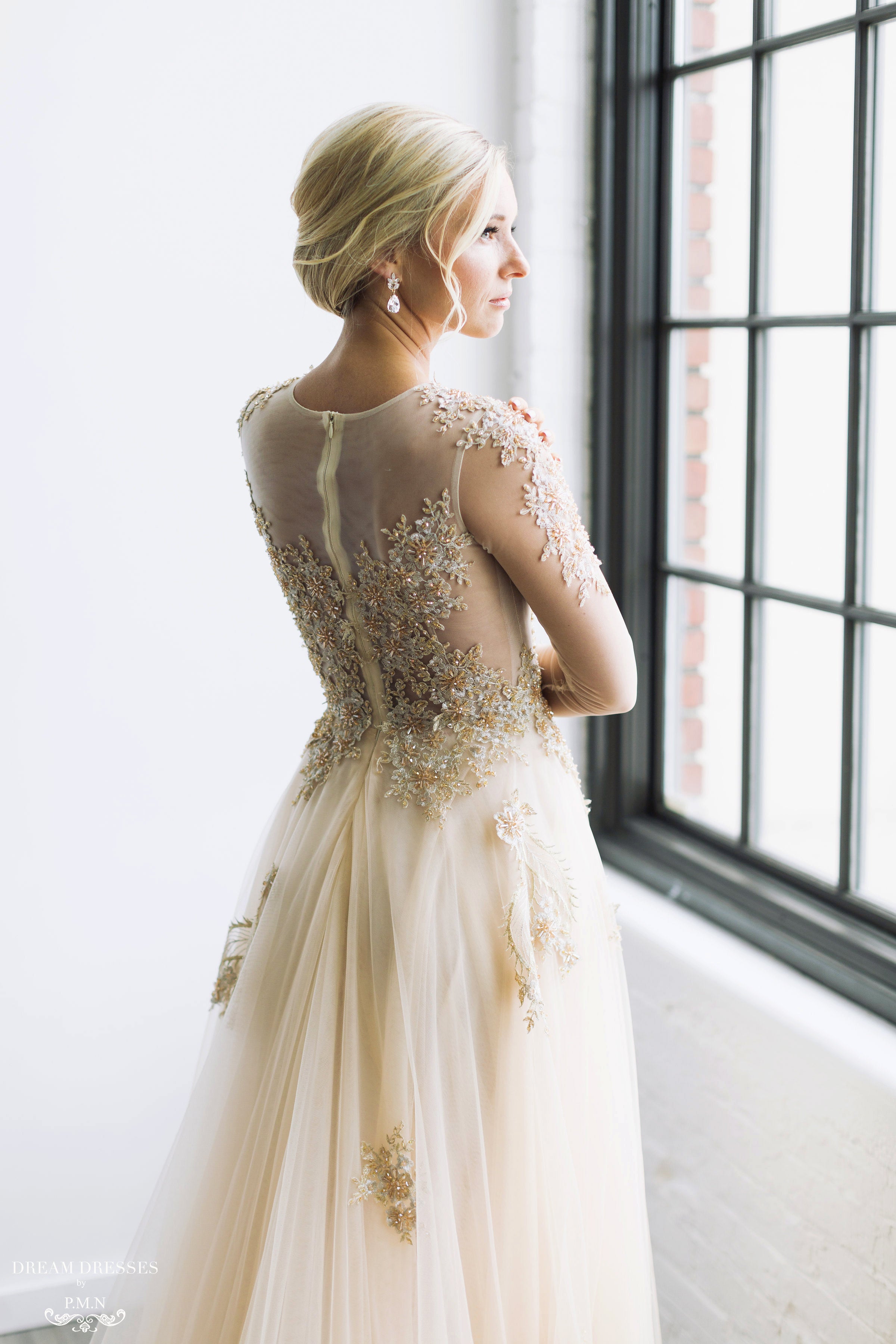 DreamDress By PMN Ariel Princess Ball Wedding Dress Gown Champagne Gold Illusion Neckline Beadings Floral Embellishment Chapel Train DreamDress By PMN Ariel Princess Ball Wedding Dress Gown Champagne Gold Illusion Neckline Beadings Floral Embellishment Chapel Train