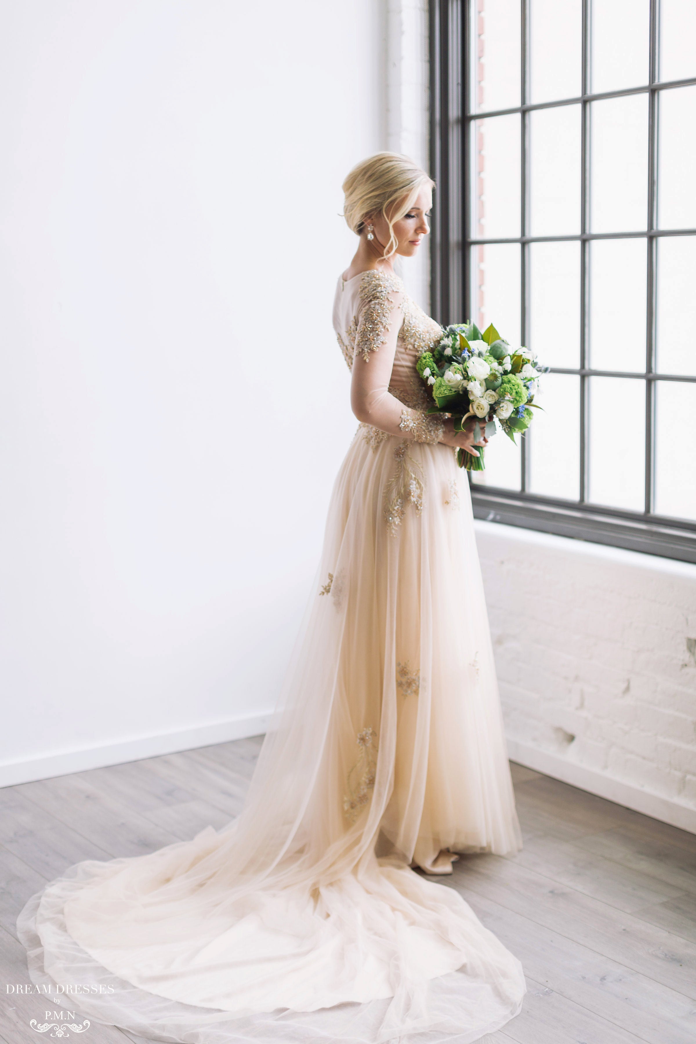 DreamDress By PMN Ariel Princess Ball Wedding Dress Gown Champagne Gold Illusion Neckline Beadings Floral Embellishment Chapel Train DreamDress By PMN Ariel Princess Ball Wedding Dress Gown Champagne Gold Illusion Neckline Beadings Floral Embellishment Chapel Train