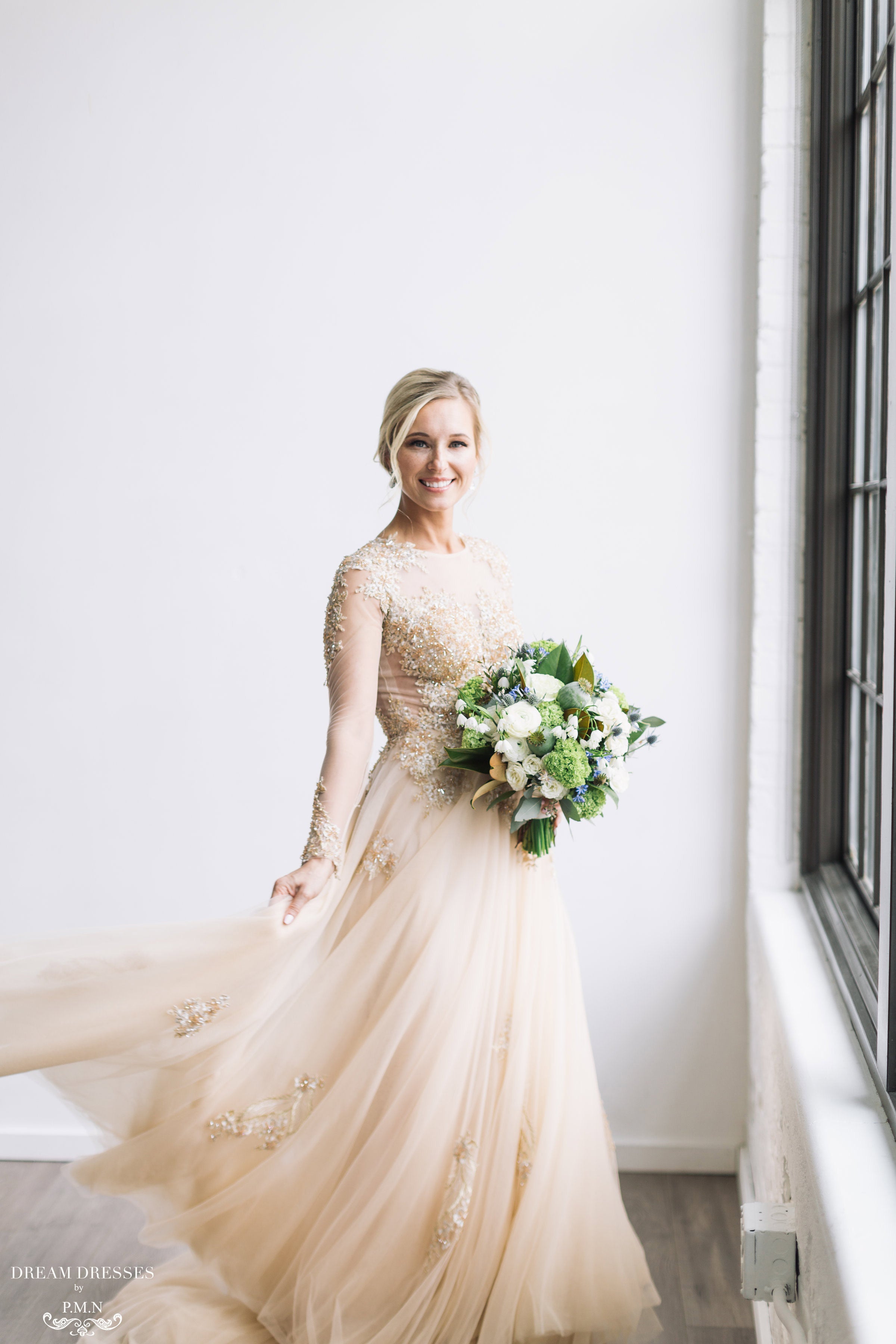 DreamDress By PMN Ariel Princess Ball Wedding Dress Gown Champagne Gold Illusion Neckline Beadings Floral Embellishment Chapel Train DreamDress By PMN Ariel Princess Ball Wedding Dress Gown Champagne Gold Illusion Neckline Beadings Floral Embellishment Chapel Train