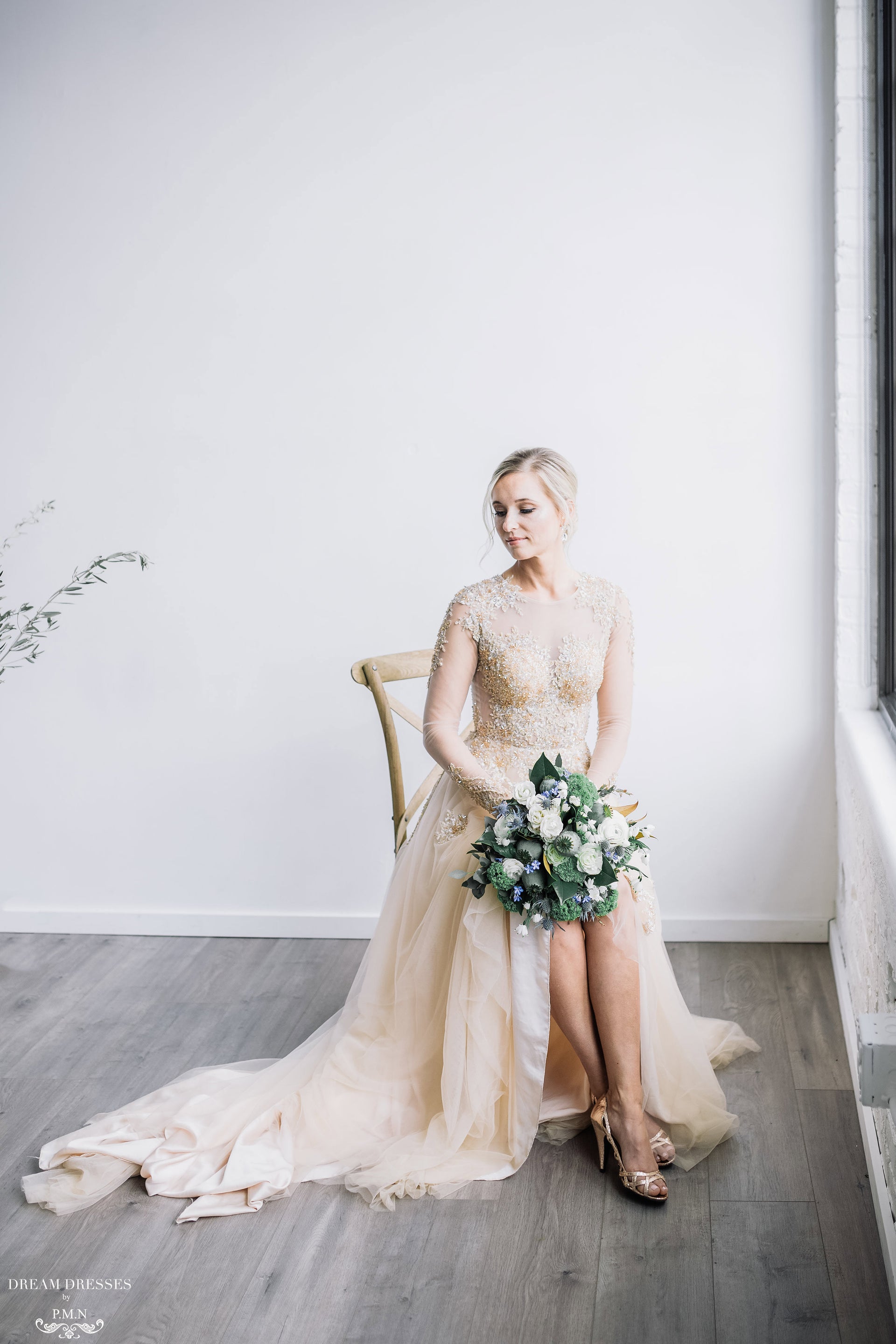 DreamDress By PMN Ariel Princess Ball Wedding Dress Gown Champagne Gold Illusion Neckline Beadings Floral Embellishment Chapel Train