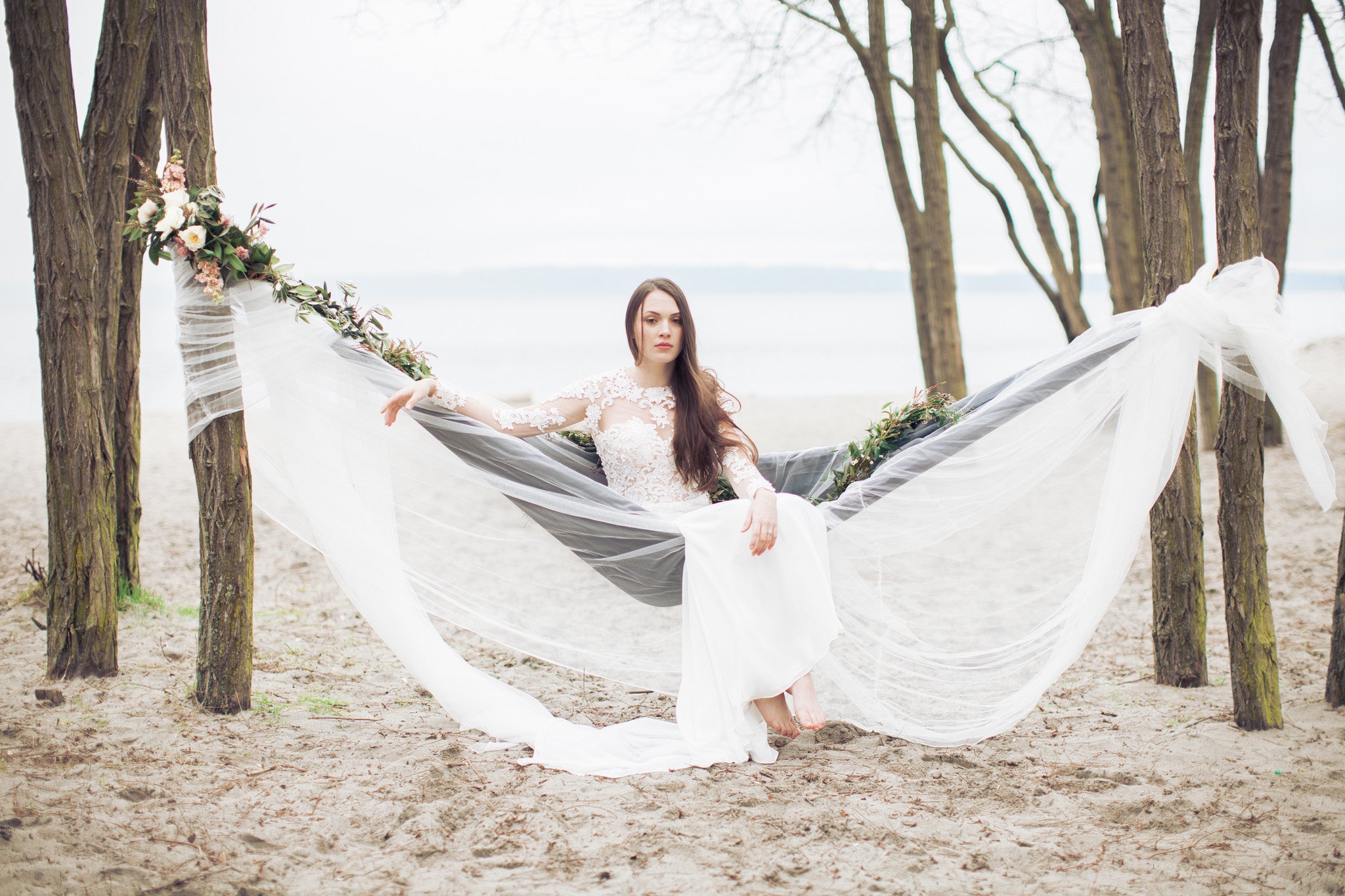 illusion Long Sleeve Chiffon Wedding Dress  (# Liz)