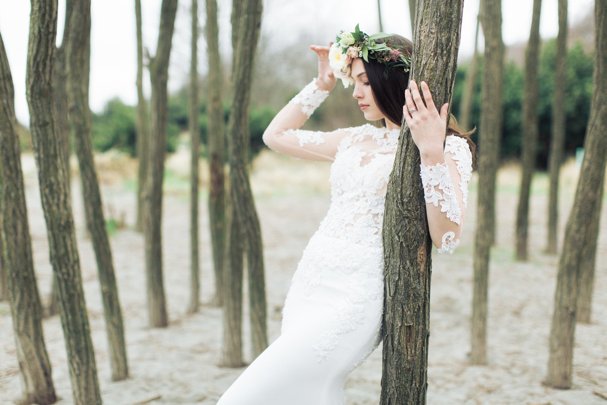 illusion Long Sleeve Chiffon Wedding Dress  (# Liz)