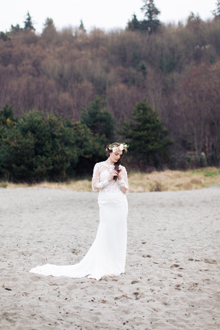 Illusion Long Sleeve Chiffon Wedding Dress  (Style # Liz PB096) - Dream Dresses by P.M.N
 - 1
