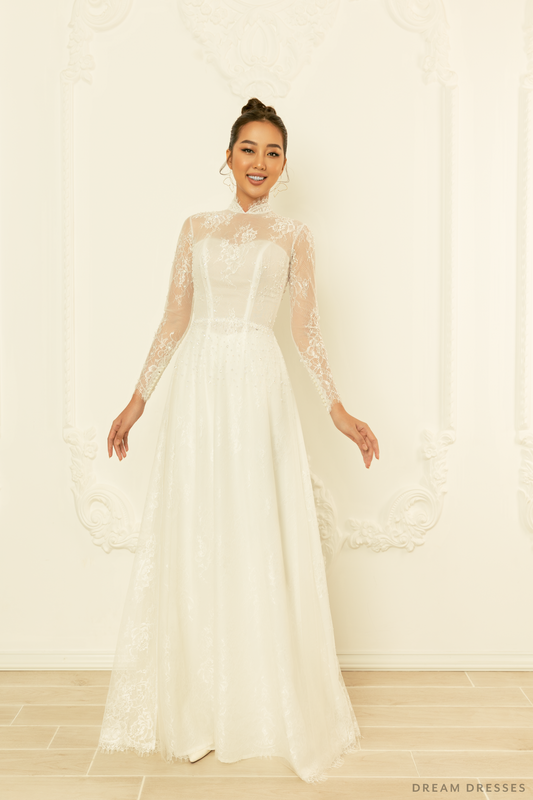 White Bridal Ao Dai | Modern Vietnamese Bridal Dress (#CALIXTA) - Dream Dresses by P.M.N.
