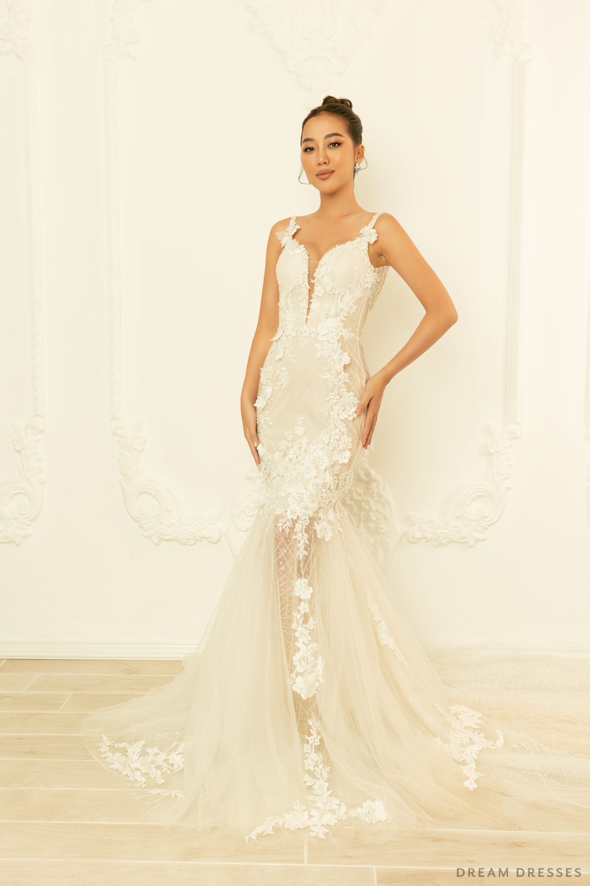 Semi-sheer Mermaid Gown with 3D Floral Lace (#KALILA) - Dream Dresses by P.M.N.