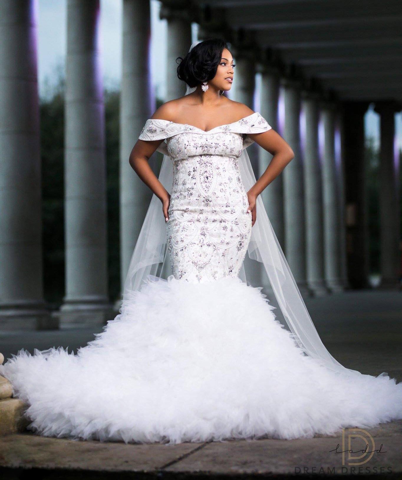 DreamDress By PMN Breshawn Rhinestones Mermaid Trumpet Wedding Dress Gown Fully Beaded Off Shoulder Sleeves Cathedral Train