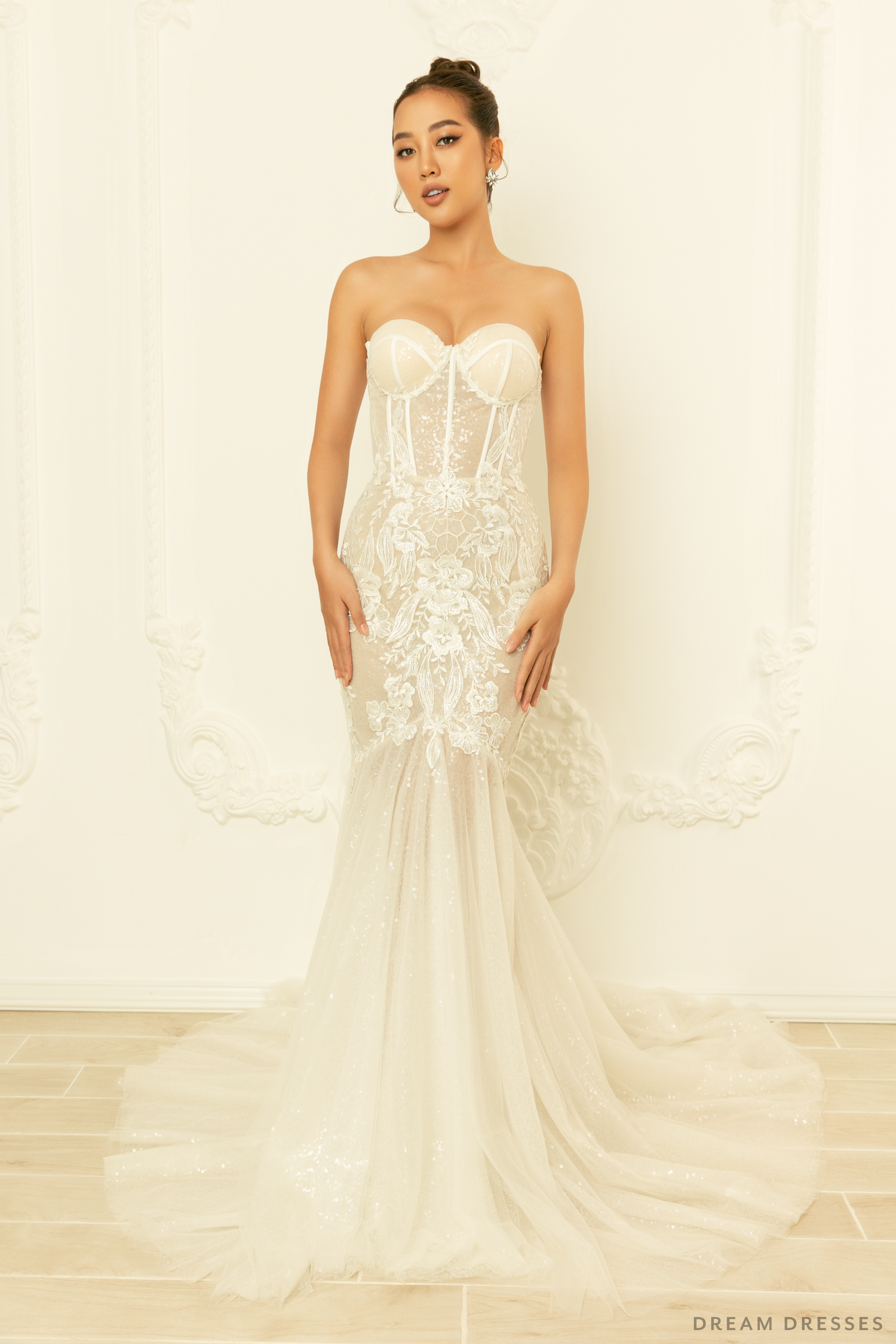 DreamDress By PMN Lucinda Mermaid Wedding Dress Gown Strapless Corset Back Lace Up String Sequin Floral Embellishment Cathedral Train | Size: 26 DreamDress By PMN Lucinda Mermaid Wedding Dress Gown Strapless Corset Back Lace Up String Sequin Floral Embellishment Cathedral Train | Size: 26