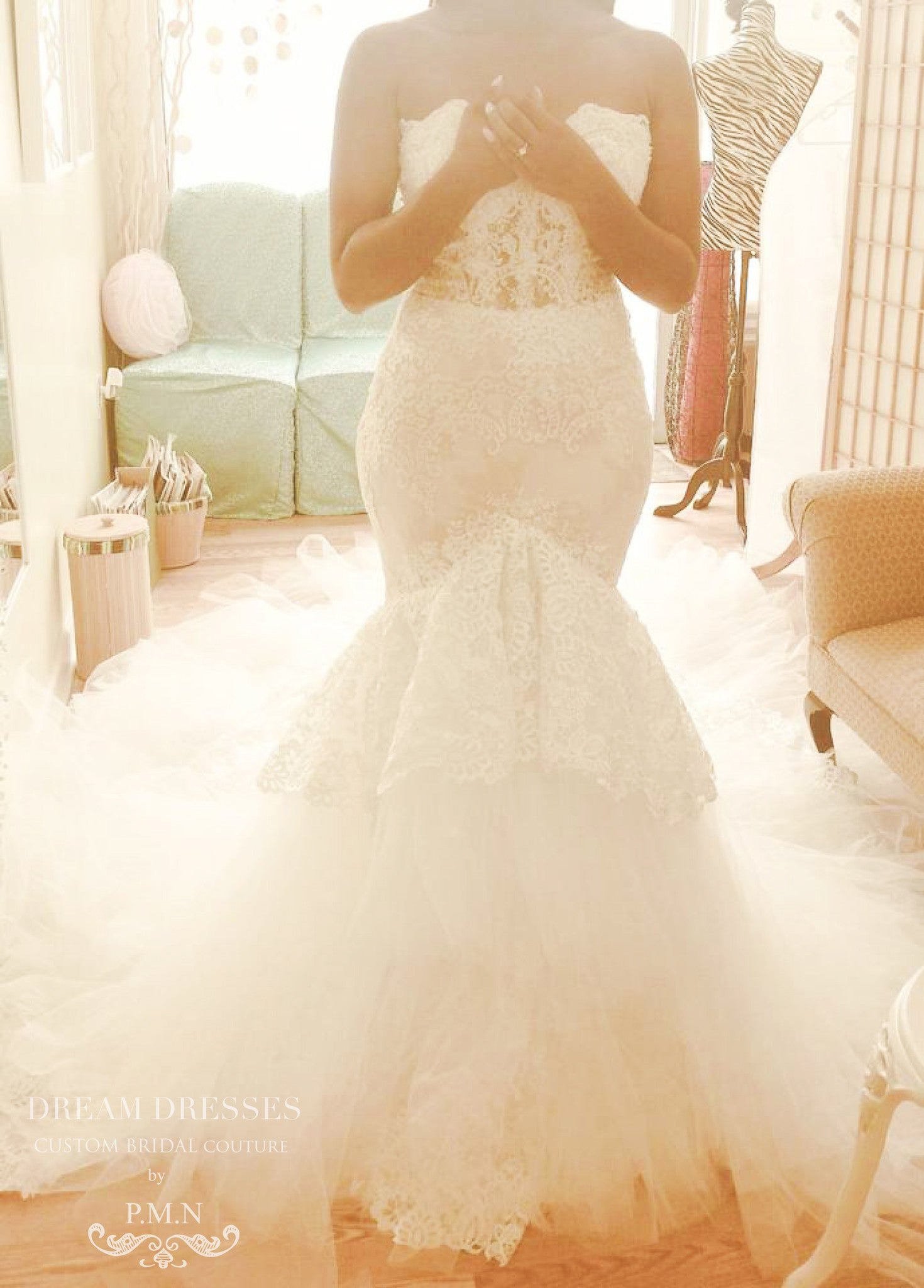 Lace Trumpet Wedding Dress With Four Layer Extended Long Train (Style # Chisa PB081) - Dream Dresses by P.M.N
 - 9