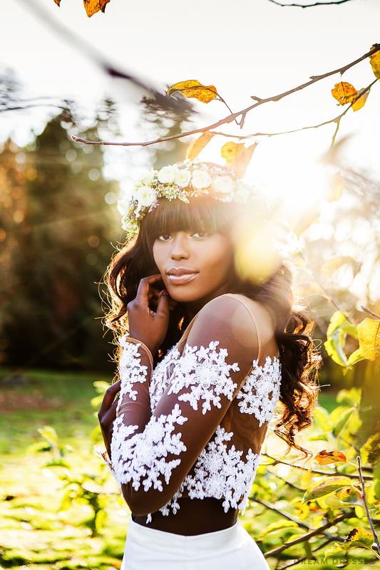 Nude Tulle Bridal Crop Top with White Lace (#MARENA) - Dream Dresses by P.M.N.