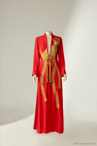 Red and Gold Ao Dai OverCoat | Traditional Vietnamese Bridal OverCoat (#FENGHUANG)