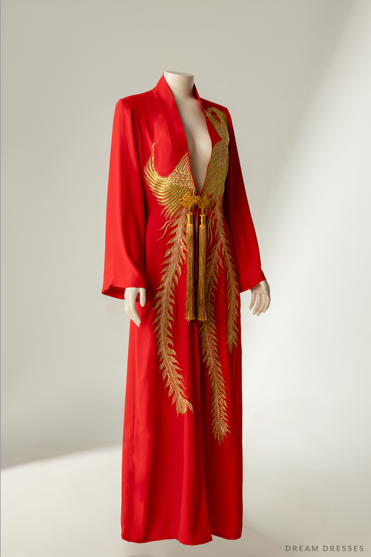 Red and Gold Ao Dai OverCoat | Traditional Vietnamese Bridal OverCoat (#FENGHUANG) - Dream Dresses by P.M.N.