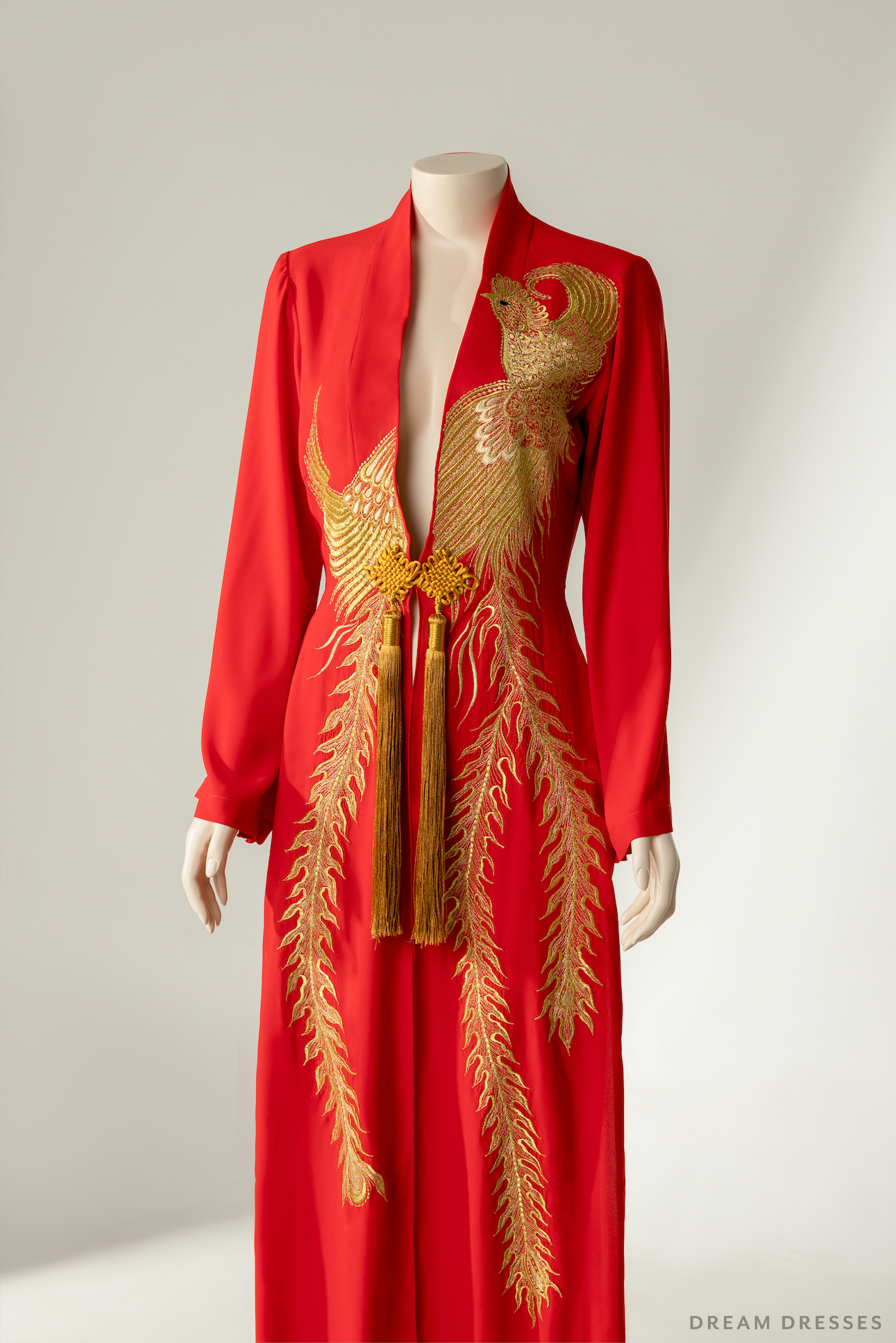 Red and Gold Ao Dai OverCoat | Traditional Vietnamese Bridal OverCoat (#FENGHUANG)