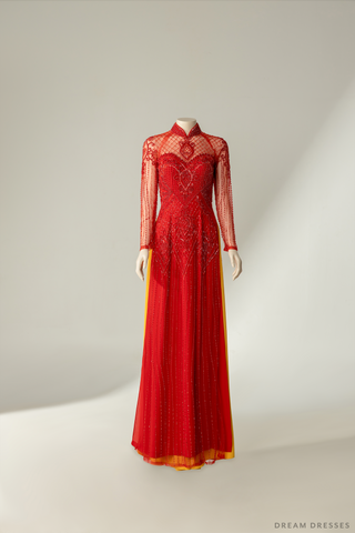 Red Bridal Ao Dai | Vietnamese Bridal Dress with Embellishments (#DAMITA)