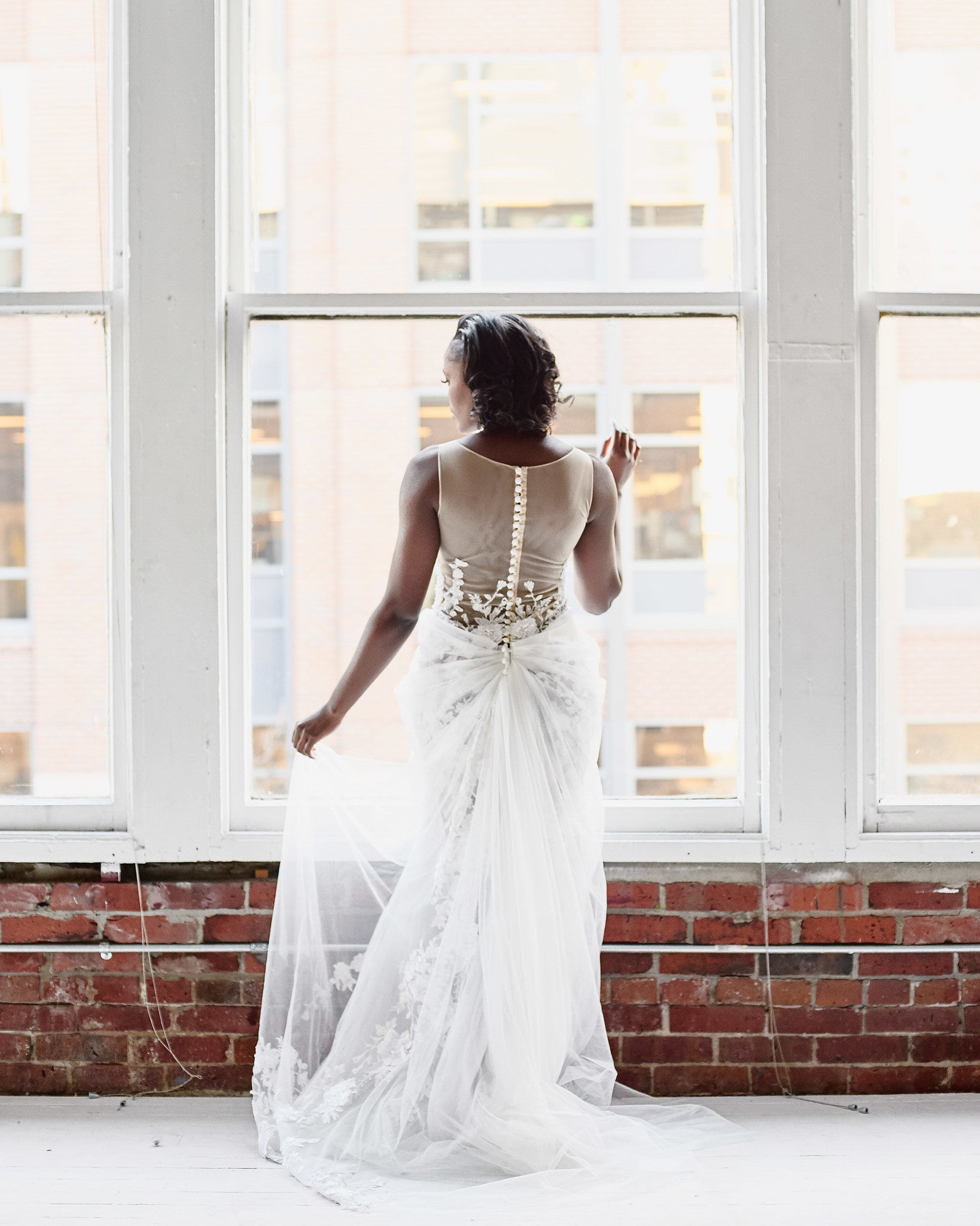 DreamDress By PMN Mabelle Couture Lace Wedding Dress Gown Illusion Sheer Mesh Back Floral Embellishment Drape Skirt Overlay Sweep | Size: Custom DreamDress By PMN Mabelle Couture Lace Wedding Dress Gown Illusion Sheer Mesh Back Floral Embellishment Drape Skirt Overlay Sweep | Size: Custom