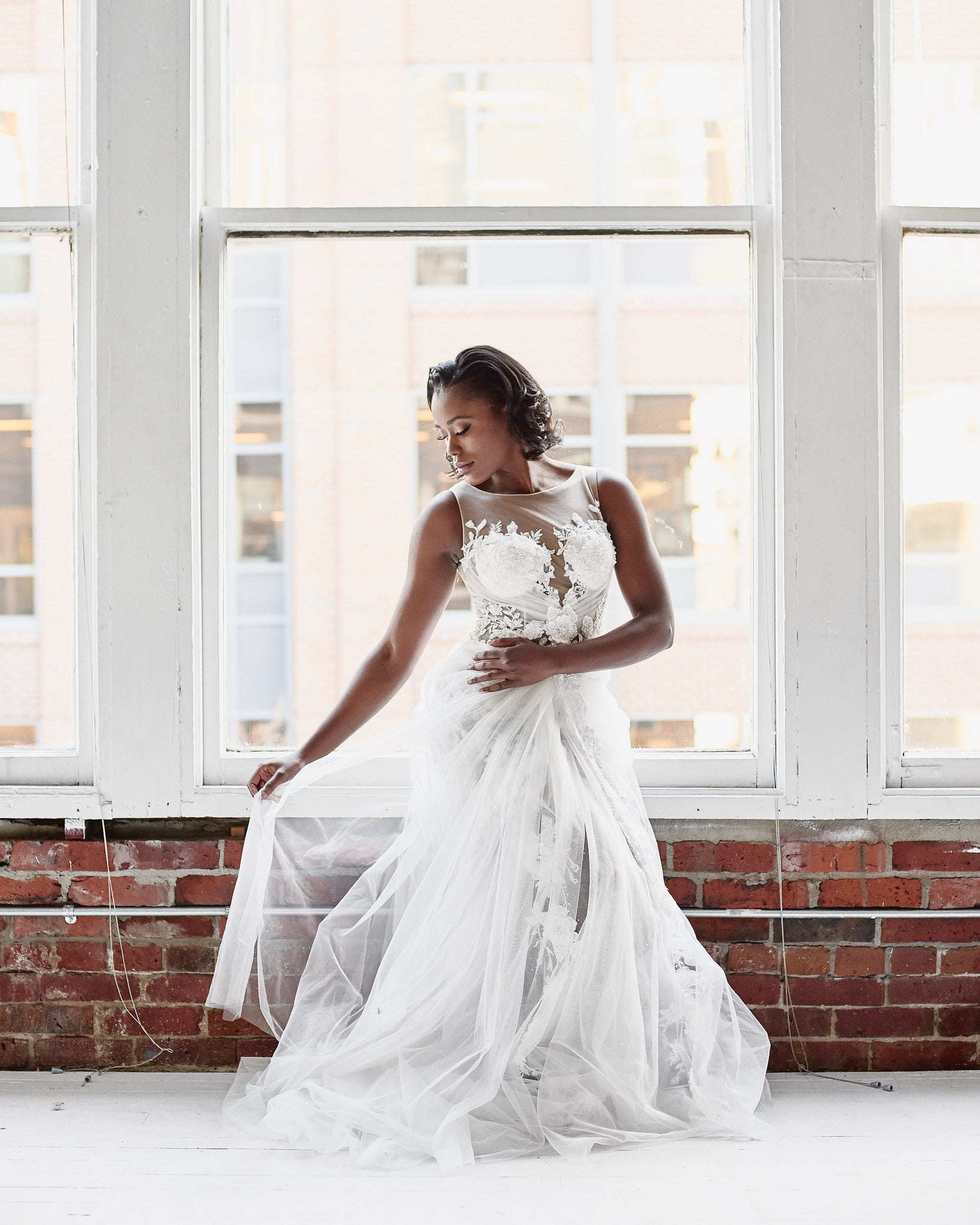 DreamDress By PMN Mabelle Couture Lace Wedding Dress Gown Illusion Sheer Mesh Back Floral Embellishment Drape Skirt Overlay Sweep | Size: Custom DreamDress By PMN Mabelle Couture Lace Wedding Dress Gown Illusion Sheer Mesh Back Floral Embellishment Drape Skirt Overlay Sweep | Size: Custom