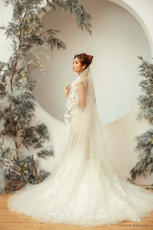 Chapel Length Wedding Veil with Couture Lace (#BELLA) - Dream Dresses by P.M.N.