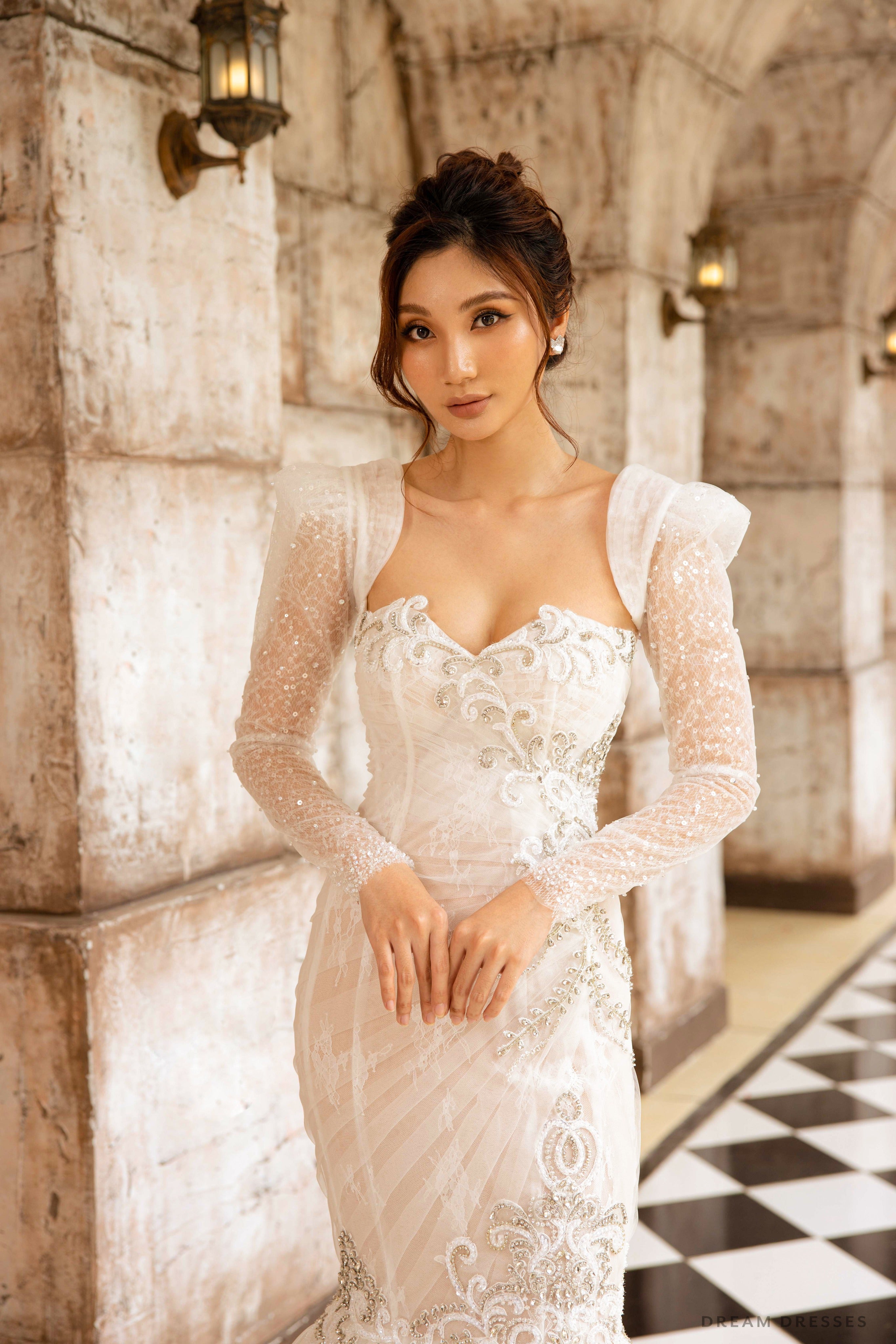 Detachable Bridal Long Sleeves with Sequins and Pearls (#AMANDA)