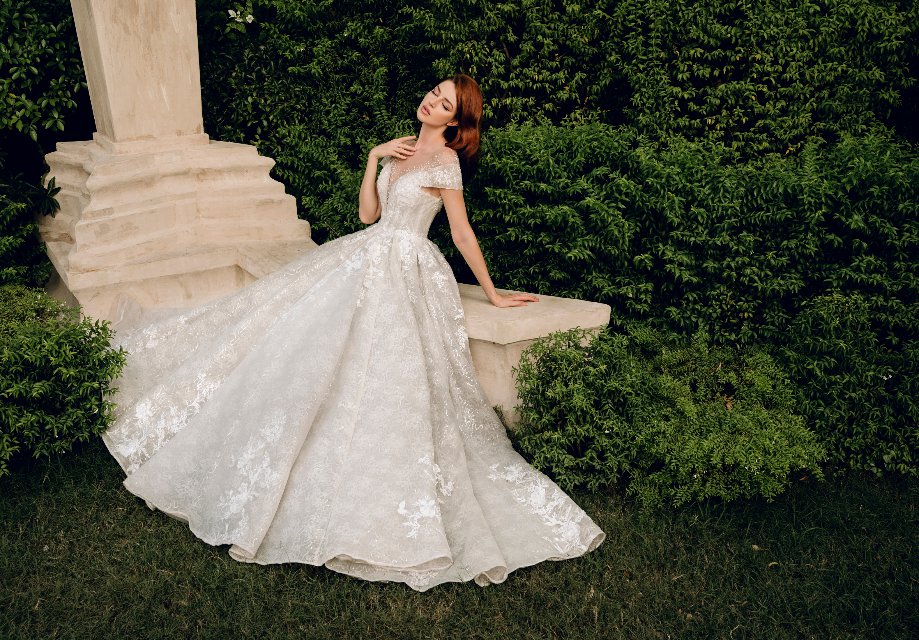 DreamDress By PMN Ball Wedding Dress Gown Illusion Plunging Neck Floral Embellishment Beaded Bodice Off Shoulder Sleeves Chapel Train | Size: Custom DreamDress By PMN Ball Wedding Dress Gown Illusion Plunging Neck Floral Embellishment Beaded Bodice Off Shoulder Sleeves Chapel Train | Size: Custom