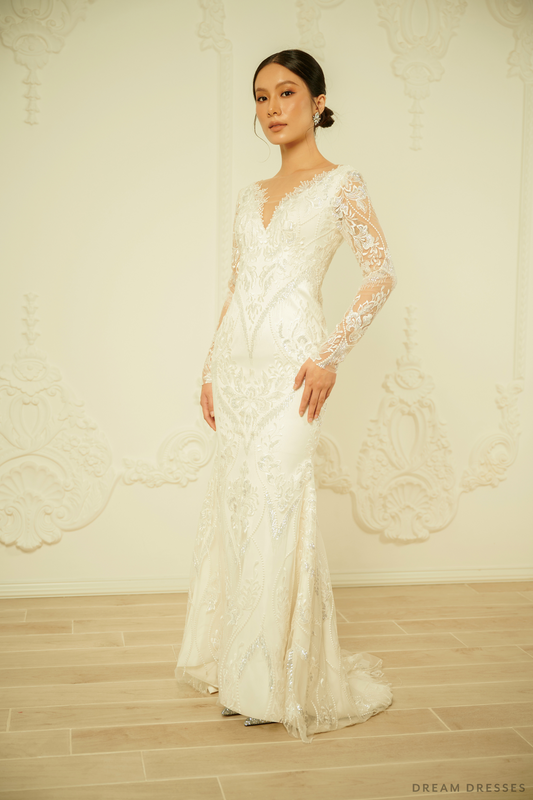 Long Sleeves Sheath Wedding Dress (#DOROTEA) - Dream Dresses by P.M.N.