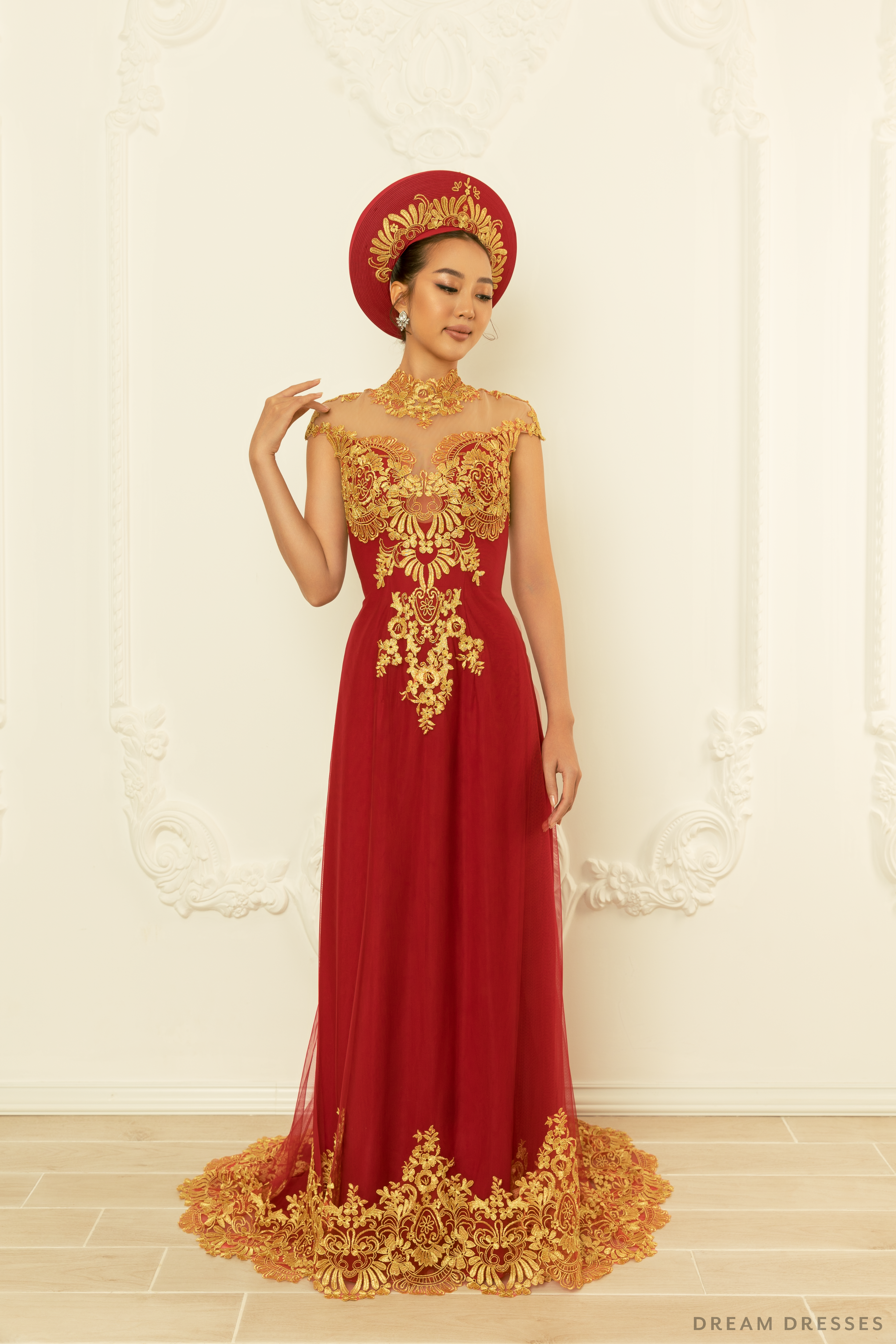 Red Bridal Ao Dai with Gold Lace | Vietnamese Bridal Dress (#NELLY)