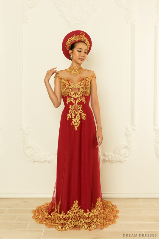 Red Bridal Ao Dai with Gold Lace | Vietnamese Bridal Dress (#NELLY) - Dream Dresses by P.M.N.