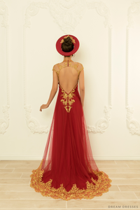 Red Bridal Ao Dai with Gold Lace | Vietnamese Bridal Dress (#NELLY) - Dream Dresses by P.M.N.