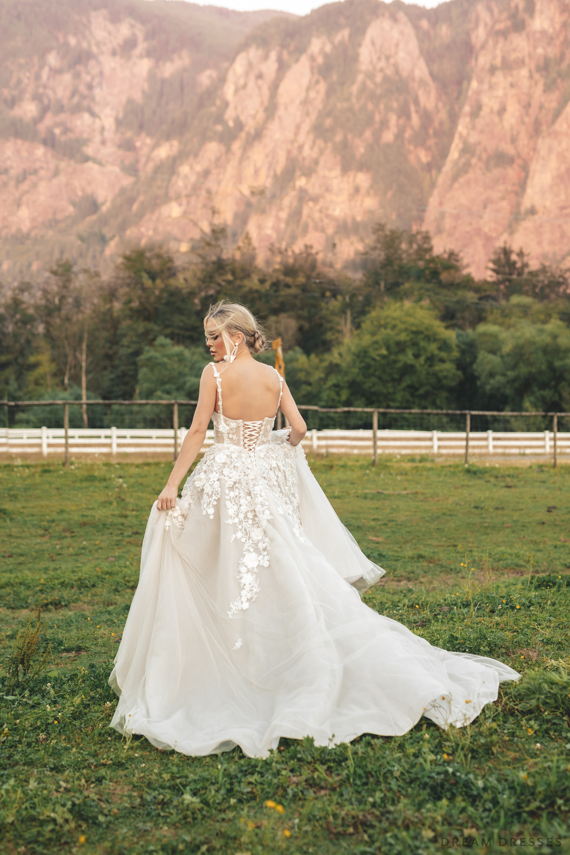 DreamDress By PMN A-Line Wedding Dress Gown Squared Neck With Straps Illusion Back Bodice Floral Embellishments Sleeveless Chapel Train