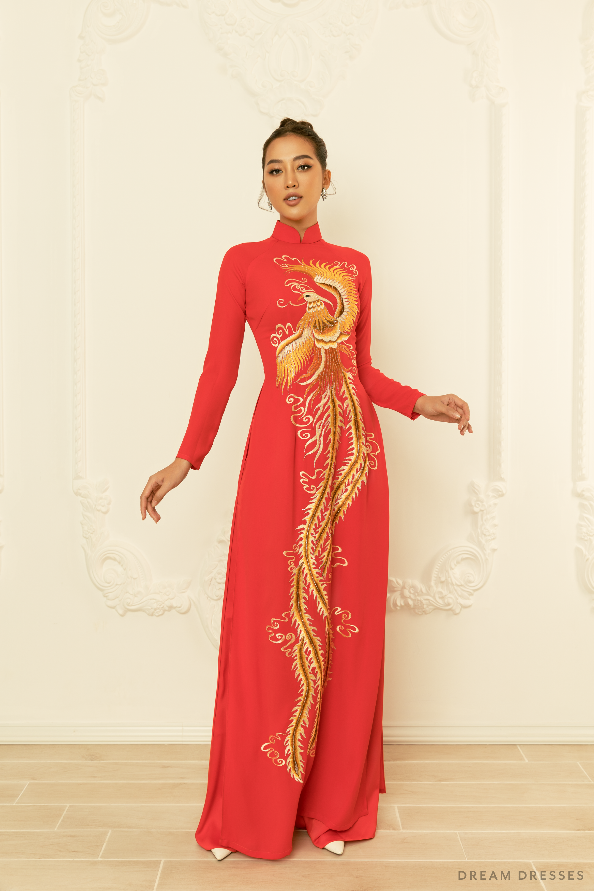 Red Bridal Ao Dai | Vietnamese Traditional Bridal Dress with Phoenix Embroidery (#YEDDA)