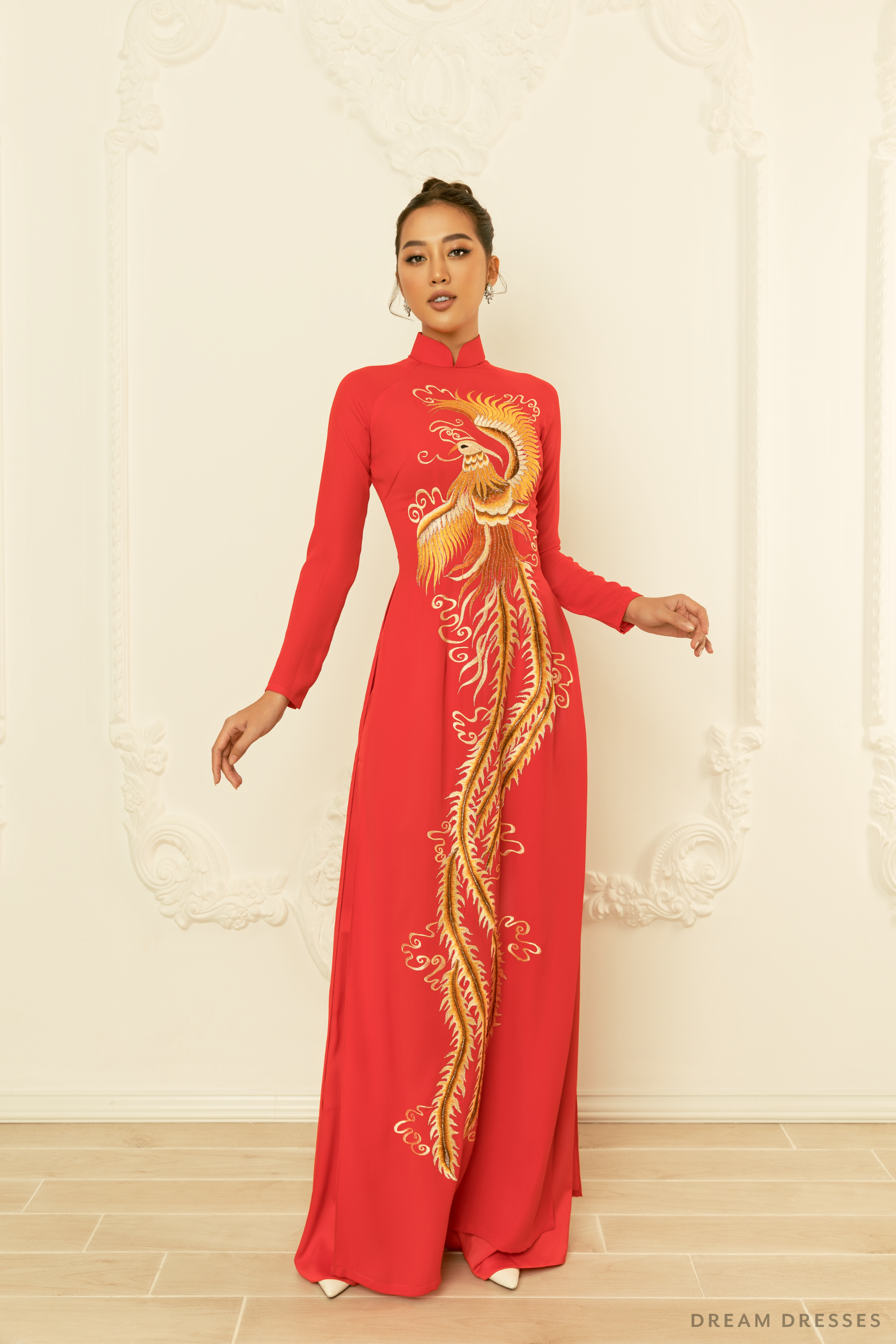 Red Bridal Ao Dai Vietnamese Traditional Bridal Dress with Phoenix Embroidery YEDDA