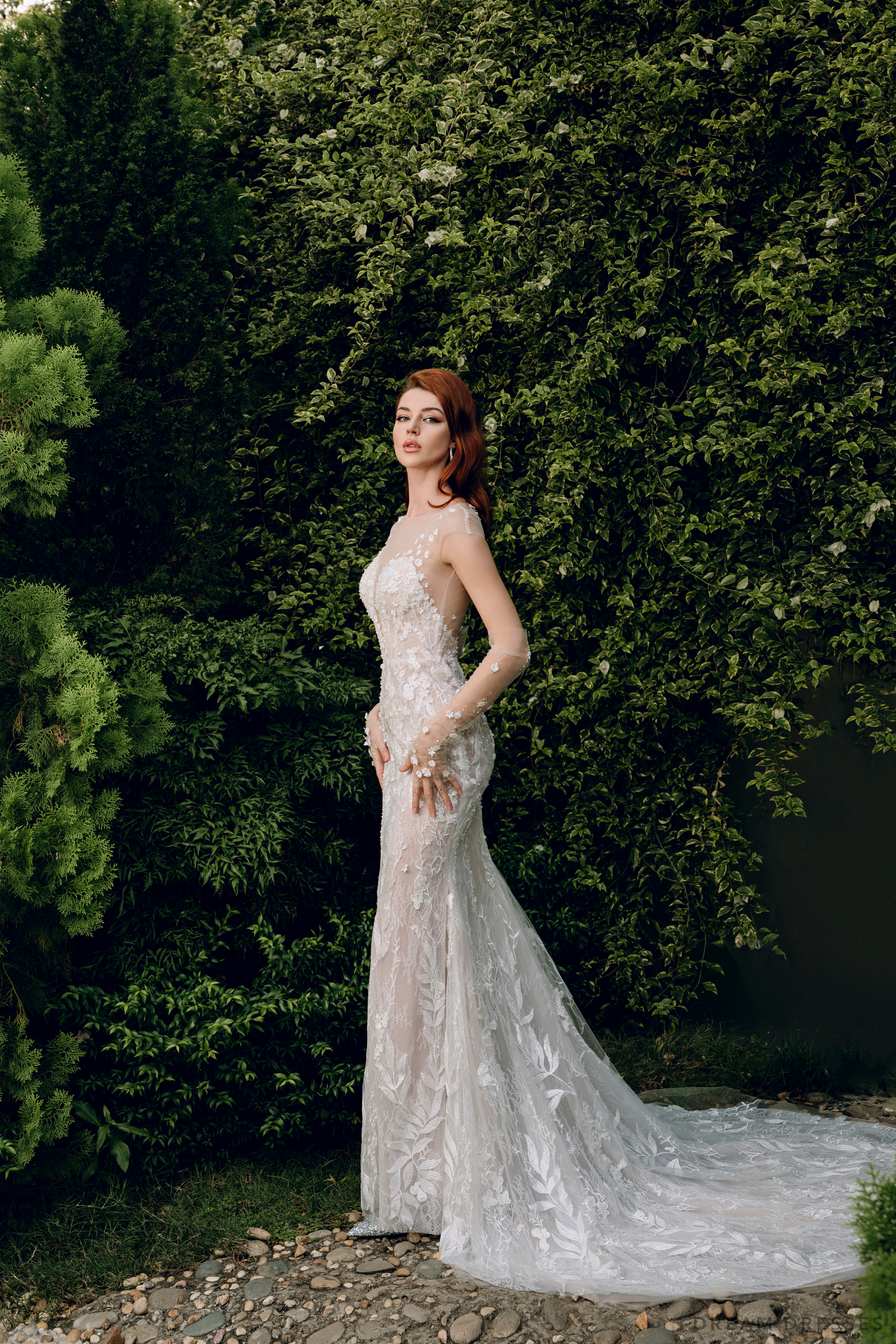 DreamDress By PMN Kristin Mermaid High Slit Wedding Dress Gown Illusion Plunging V-Neck Floral Embellishments Couture Lace Chapel Train