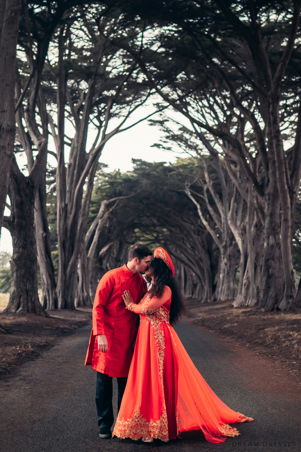 Red Ao Dai with Gold Lace and Chapel Train | Vietnamese Lace Bridal Dress (#MELIA)
